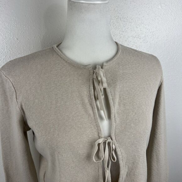 MNG Mango Sweater Women Medium Beige Ribbon Tie Knit Cardigan Long Sleeve - Picture 7 of 12